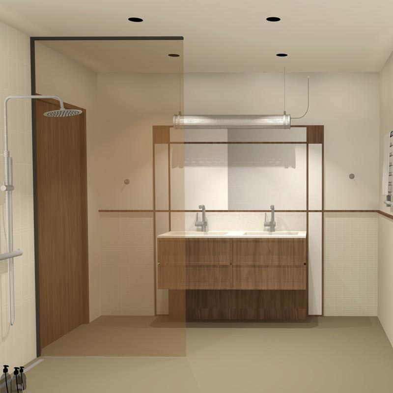 3D d'une futur salle de bain avec une douche spacieuse et un meuble vasque double en bois, dans un style minimaliste et épuré